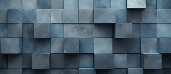 Canvas Print - The facade of the building is made of rectangular blue composite material squares, contrasting with the grey cloudy sky in the background