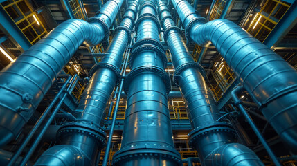 A labyrinth of bold blue industrial pipelines contrasting with the steel structure of a modern factory