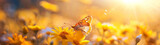 Fototapeta Natura - A butterfly rests on vibrant yellow flowers bathed in the warm glow of the sunset, symbolizing new beginnings