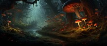 The Dark Forest Is Filled With Mushrooms Creating An Eerie Atmosphere. Amidst The Tall Trees And Mysterious Landscape, These Fungi Flourish In The Shadows