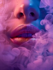 Poster - A close up of a woman wearing pink lipstick with pink smoke. 