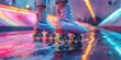 Neon Roller Skates on a Disco-Themed Background. Concept Disco Theme, Neon Skates, Roller Skating, Vibrant Colors, Retro Aesthetics