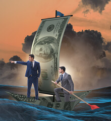 Wall Mural - Business partnership with businessmen sailing on dollar boat