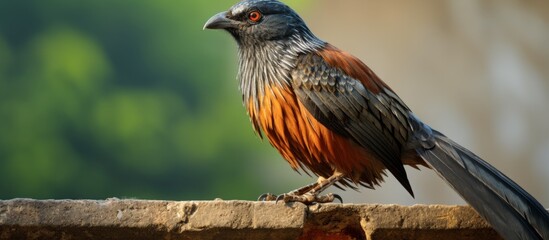 Wall Mural - A songbird with a beak and feathers perches gracefully on a brick wall, showcasing its balance and terrestrial ability like an Old World flycatcher