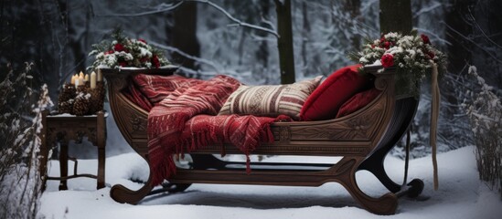 Poster - A cozy wooden sleigh with red blankets and pillows is parked in the snowy landscape, creating a picturesque winter scene perfect for a holiday event or recreation