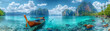 A panoramic image of a traditional wooden longtail boat moored in the clear turquoise waters of Thailand, surrounded by towering limestone cliffs