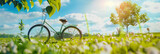 Fototapeta Natura - A classic bicycle with a saddle stands in a bright summer field with the sun shining through trees