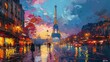 Eiffel Tower seen from a vibrant Paris street, Concept of tourism, French culture, and picturesque urban scenery
