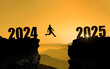 Man jumping from hill 2024 to hill 2025 at beautiful sunrise. New Year's concept. 2024 is coming to an end. Welcome to 2025. 