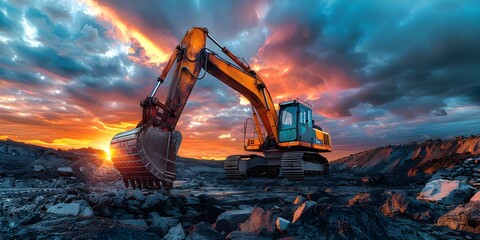 Wall Mural - Excavator in Open Pit Mine at Sunset with Earthmoving Equipment. Concept Excavator, Open Pit Mine, Sunset, Earthmoving Equipment, Heavy Machinery