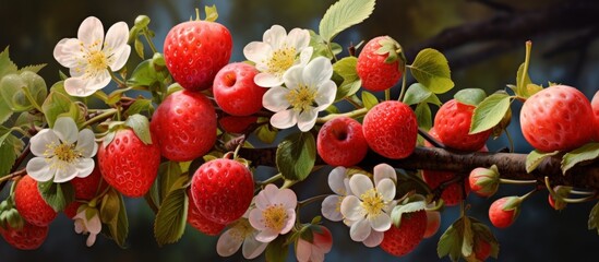 Wall Mural - Strawberries and raspberries are fruits growing on a branch of a flowering plant in the rose family, known for its colorful petals and delicious fruit