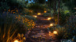 Enchanted evening walk along a garden path lit by whimsical lights and surrounded by lush greenery