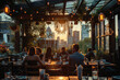 A group of people enjoy a convivial evening at a rooftop bar adorned with string lights and city views