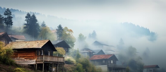 Wall Mural - A cluster of houses perched atop a hill in a misty forest, surrounded by looming trees and shrouded in a thick blanket of fog