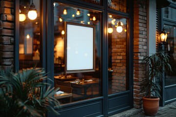 Wall Mural - A restaurant with a large window and a white sign on the window