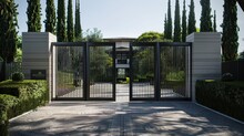 A Main Gate With A Pivoting Mechanism That Opens Outward In A Sweeping Motion, Creating A Dramatic And Welcoming Entrance To The Modern House In