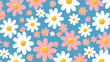 1970 Daisy Flowers and Wavy Seamless Pattern in Yel