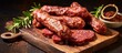 A food recipe featuring a wooden cutting board topped with sausages and rosemary, showcasing animal product and red meat as ingredients for a delicious dish