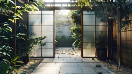 Wall Mural - A main gate with a translucent panel featuring frosted glass or acrylic, allowing natural light to filter through and creating a sense of openness and connection to the outdoors in