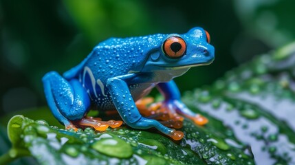 Wall Mural - a bright blue tree frog sitting on a leaf above the water