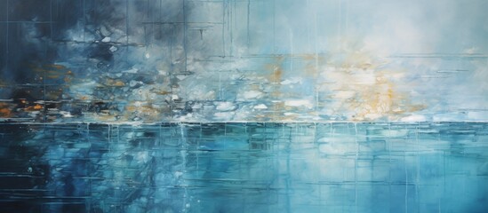 Wall Mural - A close up art piece featuring a body of water with electric blue hues, reflecting the sky and clouds in a natural landscape setting