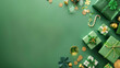 Top-down view of numerous Saint Patrick's Day related items like gifts and decorations on a green surface