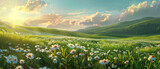 Fototapeta Natura - A breath of fresh air as dawn breaks with sun rays piercing through a field of daisies and green hills