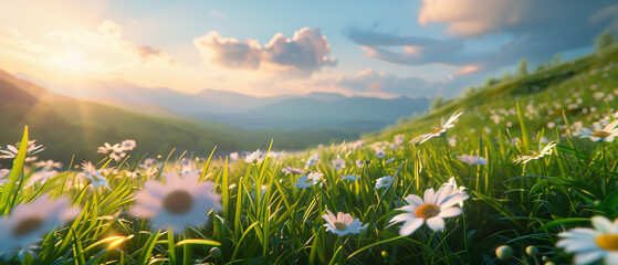 Wall Mural - Golden sunlight bathes a meadow full of white daisies with distant mountains and sky