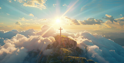 Wall Mural - Crucifix at the top of a Mountain with Sunlight Breaking through the Clouds. Inspirational Christian Image.
