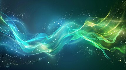 Wall Mural - An abstract illustration showcasing a green and blue wave light effect, creating a magical luminous glow on a dark background with neon motion lines