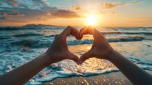 Close Up Hands Gesture Make Heart Shape On Beach Sunset Background. AI Generated