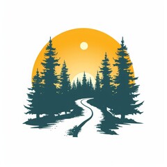 vector logo illustration of a middle of the forest road with a solid white background