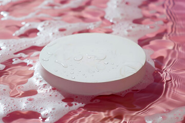 Poster - Product presentation display with copy space. White round pedestal on rippled pink water surface with bubbles and light reflections. High quality photo
