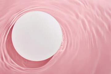 Poster - White round pedestal on a pink and water surface creating a ripple effect. Ideal for product display cosmetics. High quality photo