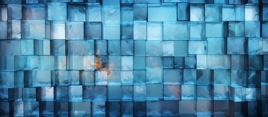 Poster - The Azure building facade features a striking electric blue glass pattern resembling a grid of rectangles on a background of aqua squares, creating a modern art skyscraper design
