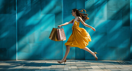 girl running with shopping bags on the blue background  09d67205-f9ba-4a10-aa03-eade5858f706