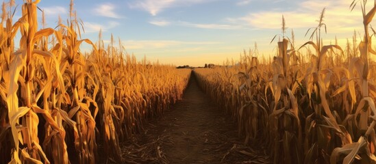 Sticker - A person is strolling through a corn field as the sun sets, casting a warm glow over the natural landscape of swaying plants and golden grass