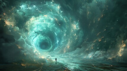 Wall Mural - A depiction of a person traveling through a series of wormholes representing the idea of multiple timelines and parallel universes within the fourth dimension.