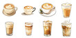 Latte coffe png cartoon set collection in 3d transparent no background.