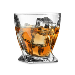 Sticker - Whiskey and ice cubes in glass isolated on white