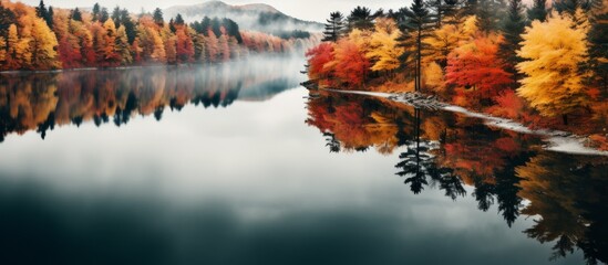 Canvas Print - A serene natural landscape of a lake surrounded by trees with autumn leaves reflected in the water under a clear sky