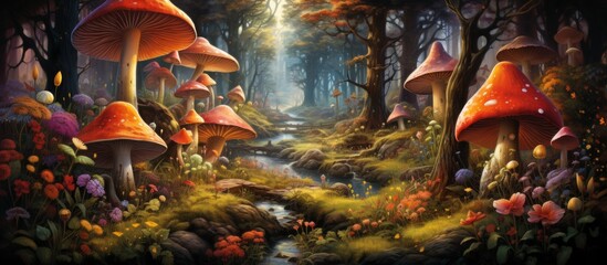 Poster - A visual arts painting depicting a natural landscape of a forest with an abundance of mushrooms and flowers, surrounded by trees, grass, and water