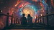A pair of friends sitting on the staircase their backs to the camera as they take in the breathtaking view of the galactic portal . .