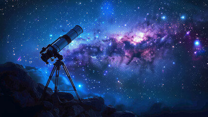 Nighttime observatory scene with telescope and a hint of galaxy