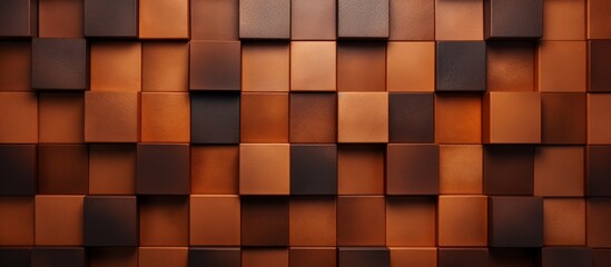 Poster - A closeup of a wooden wall with a pattern of squares in shades of brown and amber, resembling brickwork. The rectangles create a unique flooring design