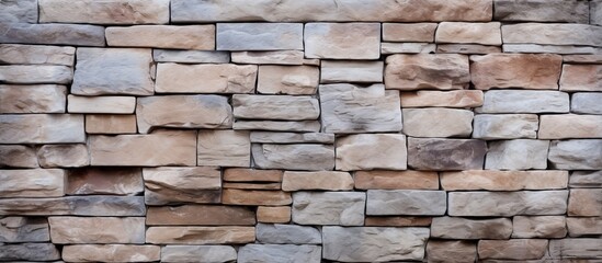 Wall Mural - A detailed closeup of a rocktextured stone wall with a rectangular brick pattern, showcasing the natural brown hues of the composite building material