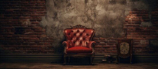 A red chair made of hardwood sits against a brick wall, creating a striking visual contrast. The chairs rectangular shape and intricate patterns complement the buildings architecture