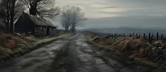 Sticker - A dusty road winds through a natural landscape, with a cozy house nestled among tall trees. The sky is dotted with fluffy clouds, creating a serene and picturesque scene