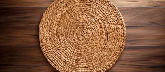 Poster - A wicker place mat is displayed on a wooden table, alongside a storage basket and a woolen cap. The contrast of textures adds a rustic charm to the setting