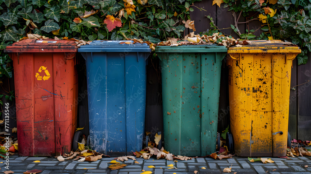 Four waste containers of different colors are placed in a row along the ...
